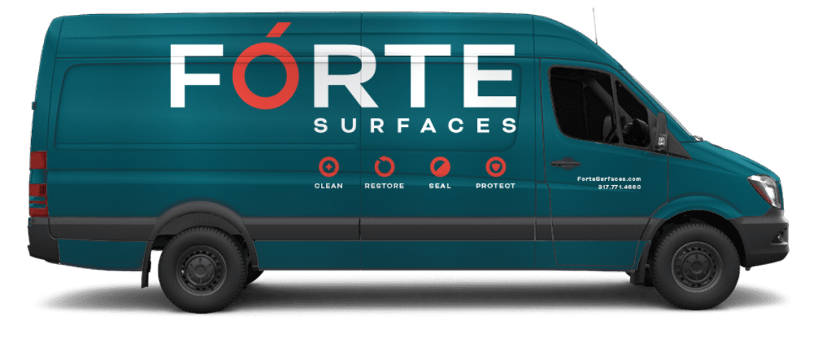 Forte Surfaces working van mockup with their branding. Van wrapped in Forte teal color with their logo in white and red along with their tagline Clean Restore Seal Protect