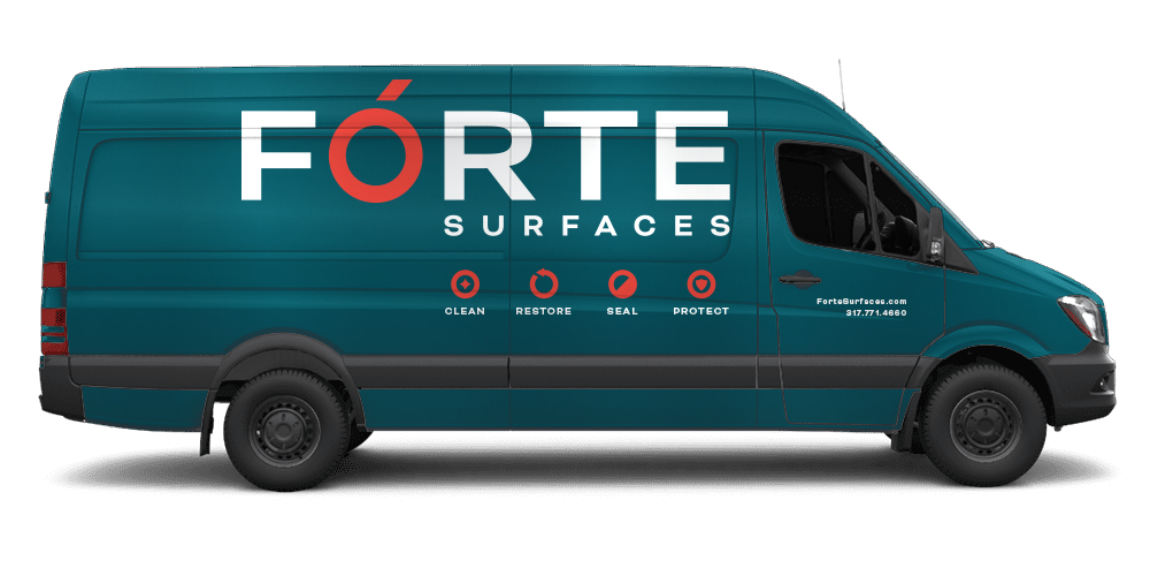 Forte Surfaces working van mockup with their branding. Van wrapped in Forte teal color with their logo in white and red along with their tagline Clean Restore Seal Protect